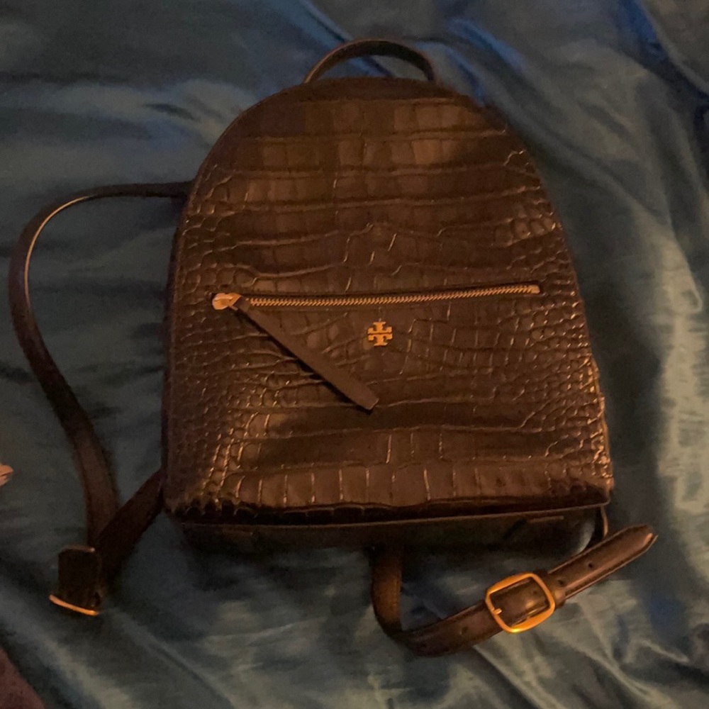 Tory Burch Croc-Embossed Black Backpack